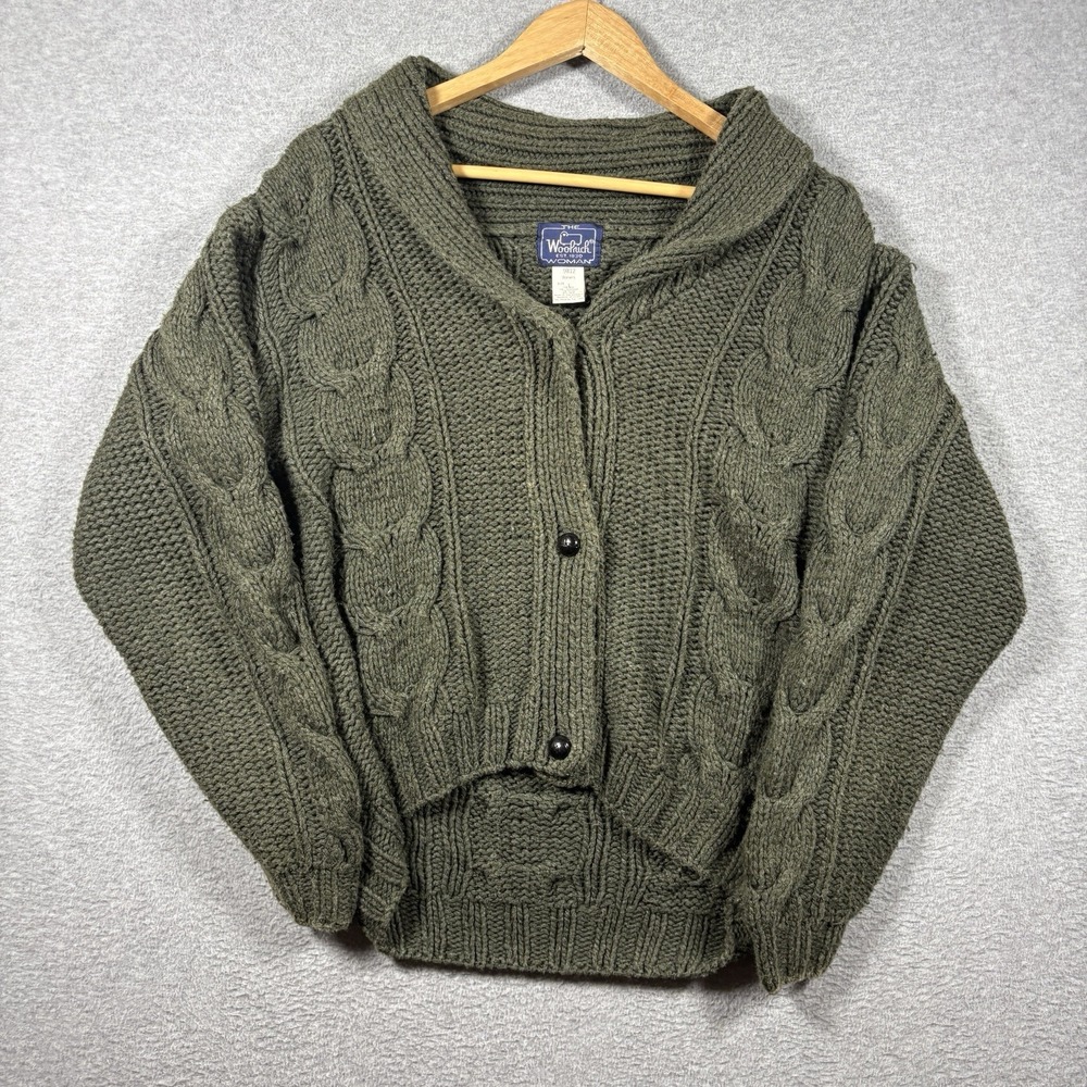 VTG 90s Woolrich Woman L Green Silk Cable Knit Shawl Collar Button Up Cardigan